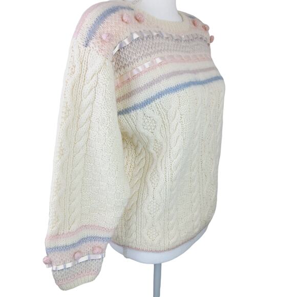Jennifer Reed SZ S VTG Knitted By Hand Wool Cable Knit Popcorn Satin Sweater NWT - Picture 4 of 8
